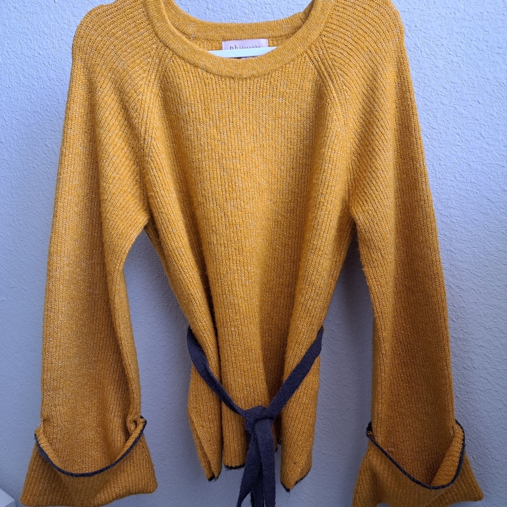 Philosophy Mustard Yellow and Metallic Blend Sweater with Grey Belt